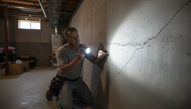 Eye-level view of a home inspector checking a foundation wall.