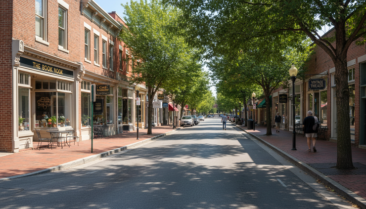 Eye-level view of a small downtown street with local shops, trees, and people walking in the distance