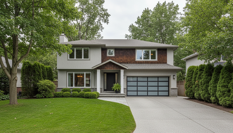Wide-angle view of a well-kept suburban home from the curb.