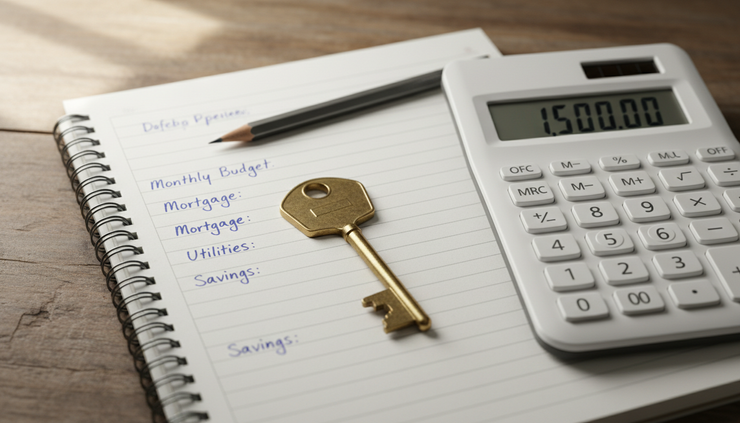Close-up view of a house key beside a calculator and handwritten budget notes.