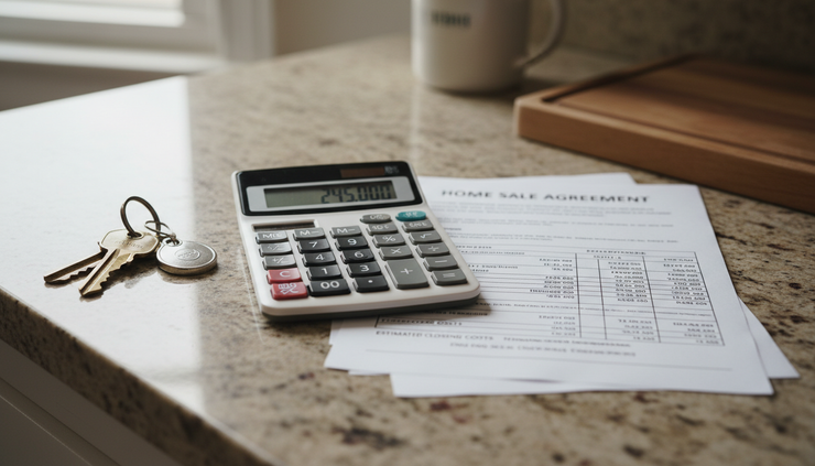 Close-up of a calculator beside house keys and paper forms