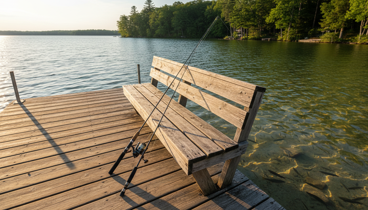 Close-up view of a wooden dock with fishing rods beside a clear lake.