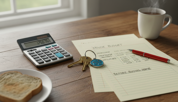 Close-up view of a calculator, house keys, and handwritten monthly budget notes on a kitchen table