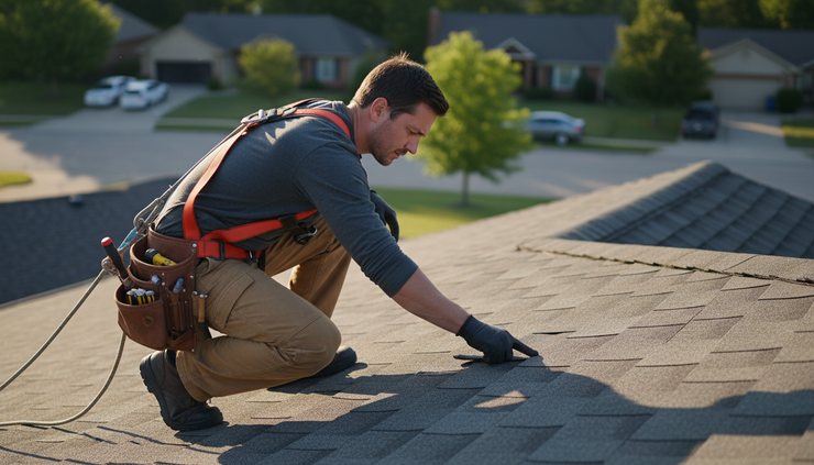 High-angle view of a roofer inspecting shingles on a residential roof