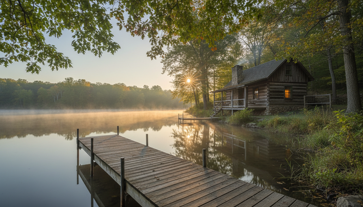 Wide-angle view of a quiet Steuben County lake home at sunrise