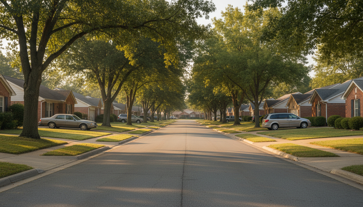 Eye-level view of a quiet neighborhood street with similar single-family homes on both sides.