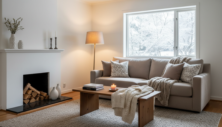 Eye-level view of a cozy living room prepared for a winter home showing.