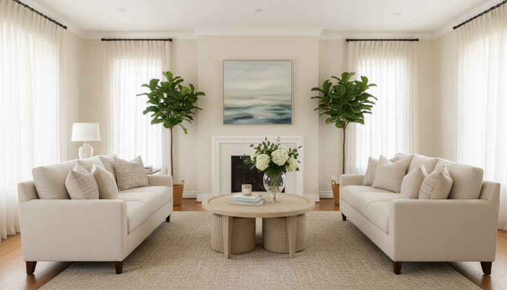 Eye-level view of a living room prepared for a home showing with clean surfaces and soft daylight