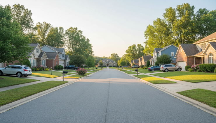 Eye-level view of a quiet residential street with several different homes.
