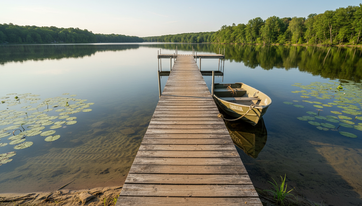 Eye-level view of a wooden dock stretching into a clear Indiana lake