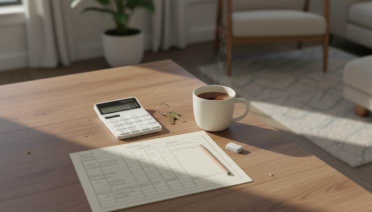 Overhead view of a dining table with a calculator, house keys, and a simple home budget sheet