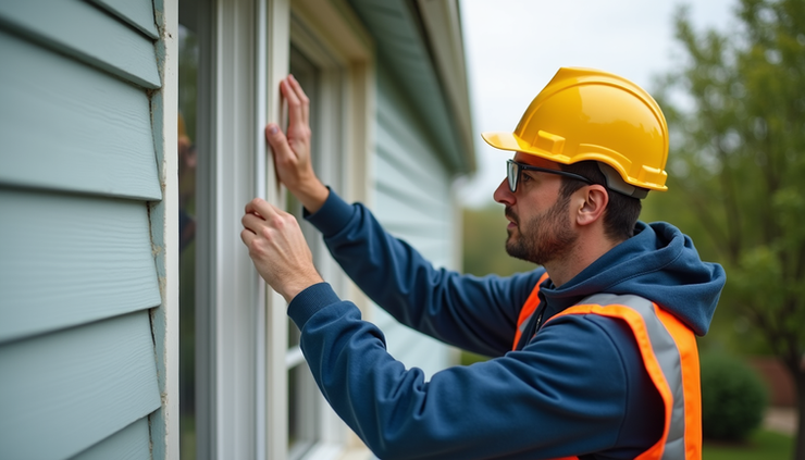Eye-level view of a home inspector examining a house exterior
