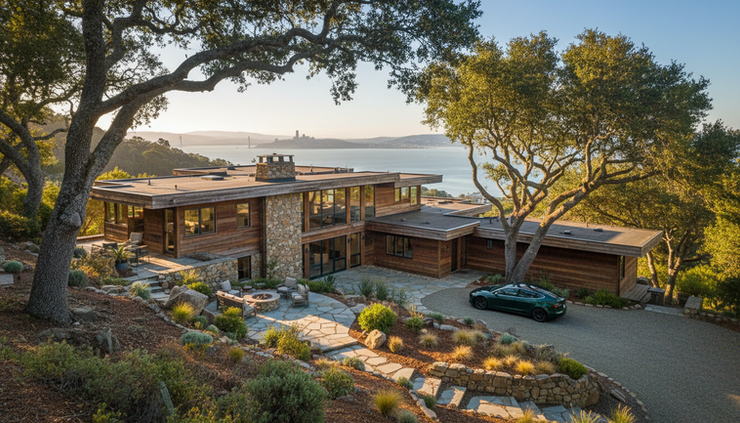 Wide-angle view of a Marin County hillside home with trees and distant Bay water.