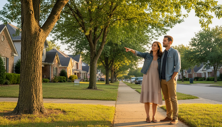 Wide-angle view of a couple in casual clothes standing on a sidewalk near homes at sunset.