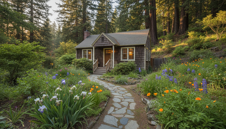 Wide-angle view of a small Marin County home with a garden path and wooded hillside.