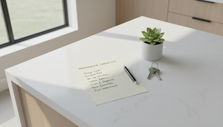 Overhead view of a homeowner checklist beside keys on a kitchen counter