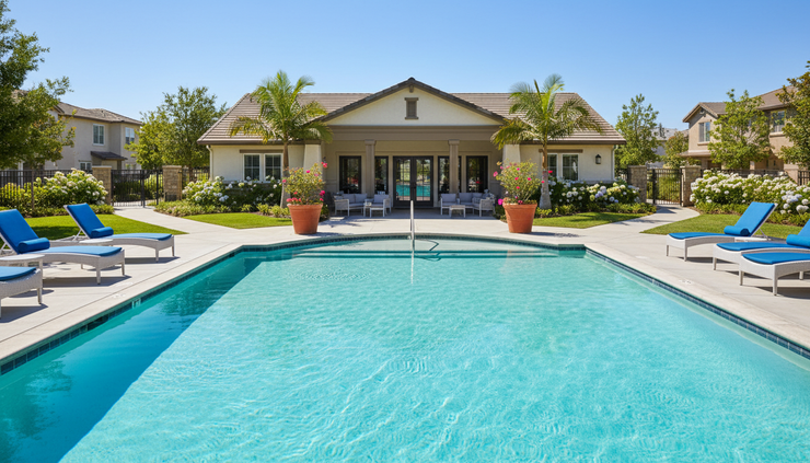 Eye-level view of a shared pool and clubhouse area in a residential community