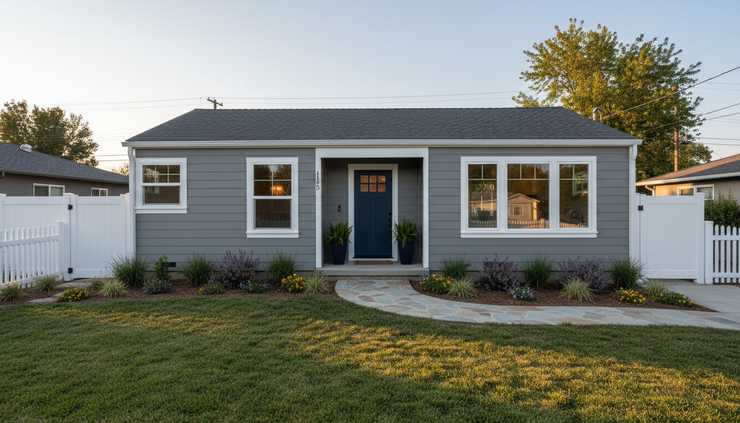 Wide-angle view of an updated home exterior with new windows and simple landscaping