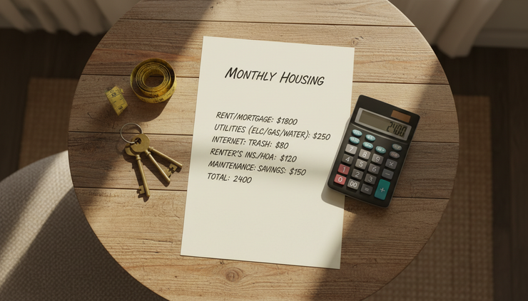 Overhead view of a dining table with a notepad, house keys, and a simple monthly budget.