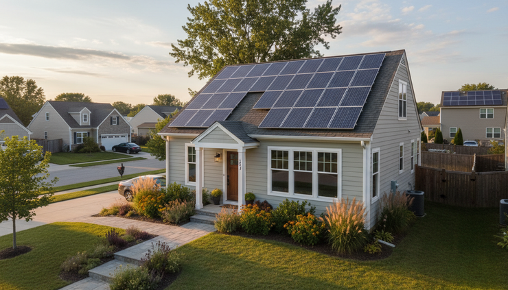 Wide-angle view of a bright single-family home with solar panels and well-sealed windows