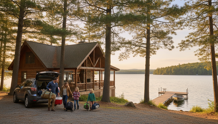 Wide-angle view of a small lakefront cabin with a family unloading bags from a car