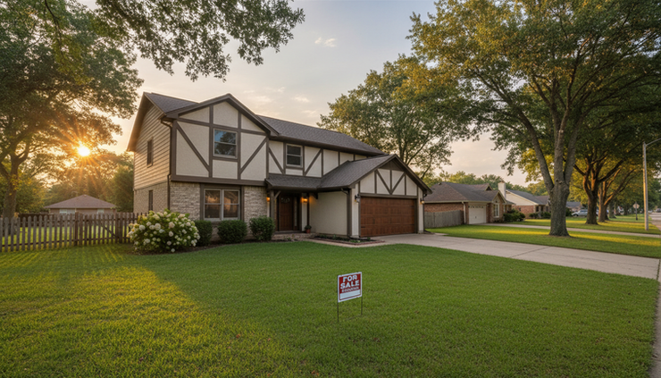 Wide-angle view of a suburban home with a for sale sign in the yard