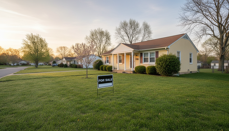 Wide-angle view of a modest house with a for-sale sign in the front yard