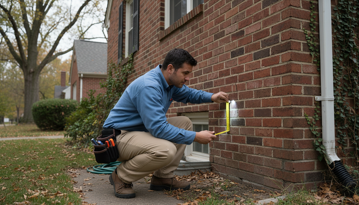 Eye-level view of a home inspector checking the exterior of a brick house.