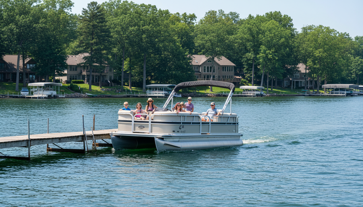 Eye-level view of a pontoon boat leaving a dock on a clear Indiana lake