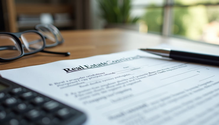 Eye-level view of a real estate contract and calculator on a wooden table