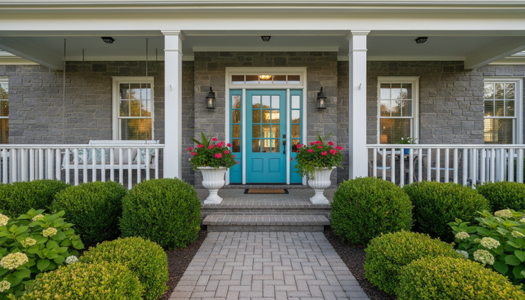 Low-angle view of a front porch and entry door with clean landscaping