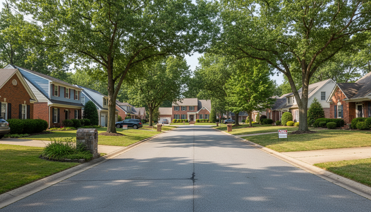 Wide-angle view of a quiet suburban street with mixed home styles and for-sale signs.