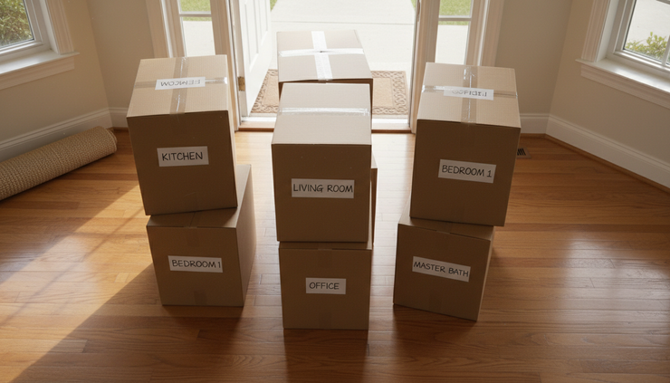 Overhead view of moving boxes near a front door in an empty home.