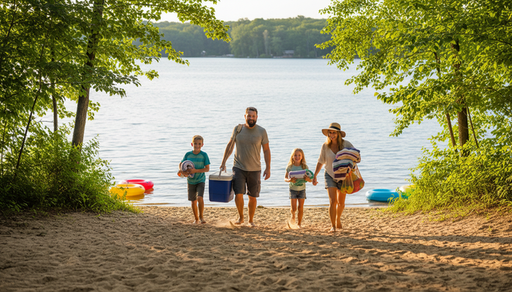 Wide-angle view of a family walking toward a sunny lake beach in Northeast Indiana