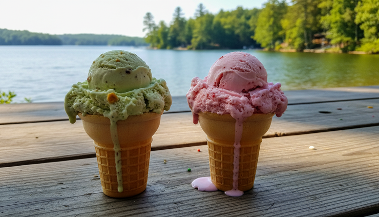 Close-up view of ice cream cones on a picnic table near Lake James