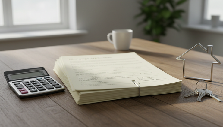Close-up view of a mortgage document and house keys on a kitchen table.