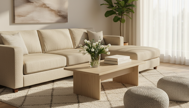 Close-up view of a freshly staged living room with neutral furniture and sunlight.