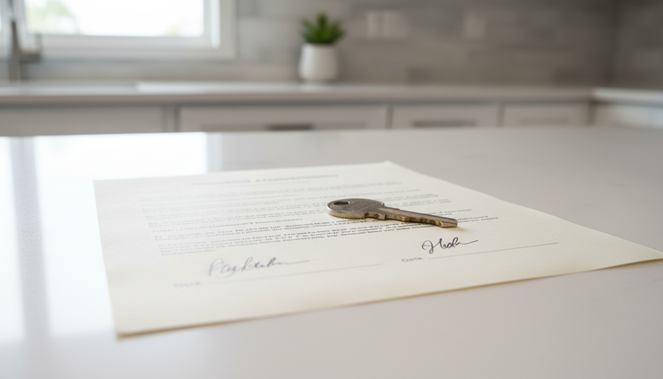 Close-up view of a signed purchase agreement and a house key on a kitchen counter