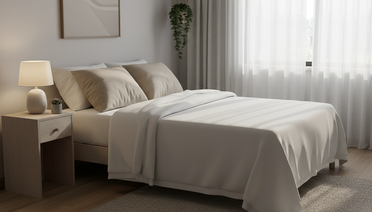 Eye-level view of a staged bedroom with soft bedding and natural light