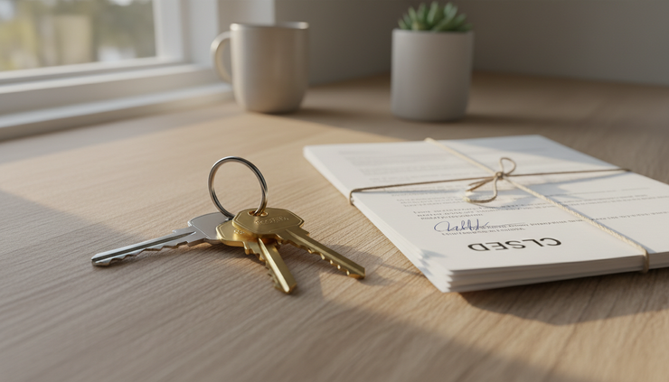 Close-up view of house keys resting beside signed closing papers on a kitchen counter