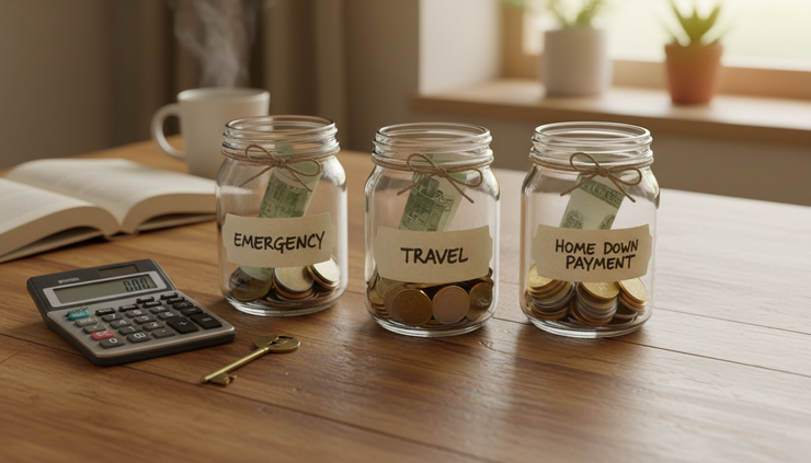 Overhead view of labeled savings jars and a house key on a wooden table
