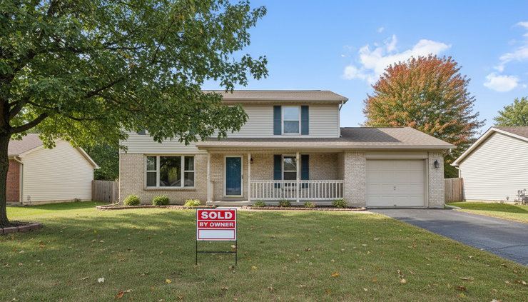 Wide-angle view of a modest family home with a sold sign on the lawn