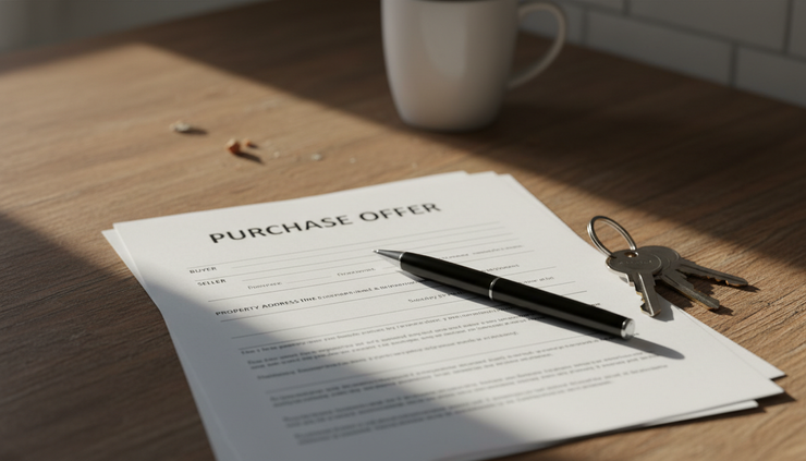 Close-up of a signed offer packet beside house keys on a wooden countertop