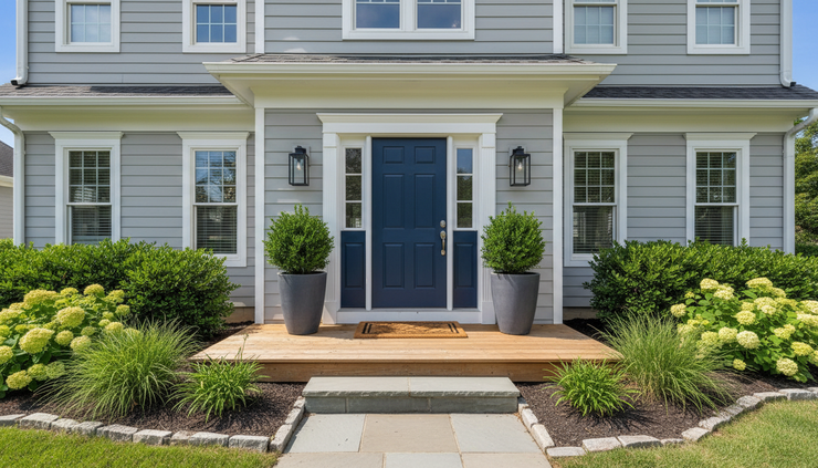 Wide-angle view of a welcoming front porch with potted plants and a freshly painted door