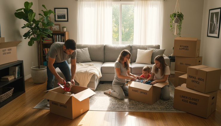 Wide-angle view of a family packing boxes in a bright living room.
