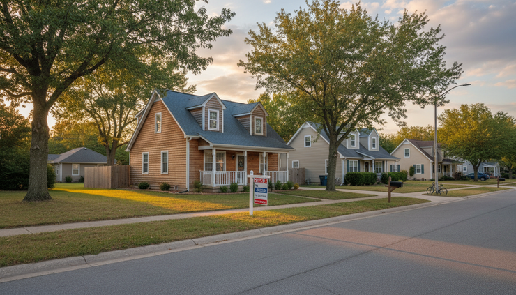Wide-angle view of a modest single-family home with a sold sign in the front yard