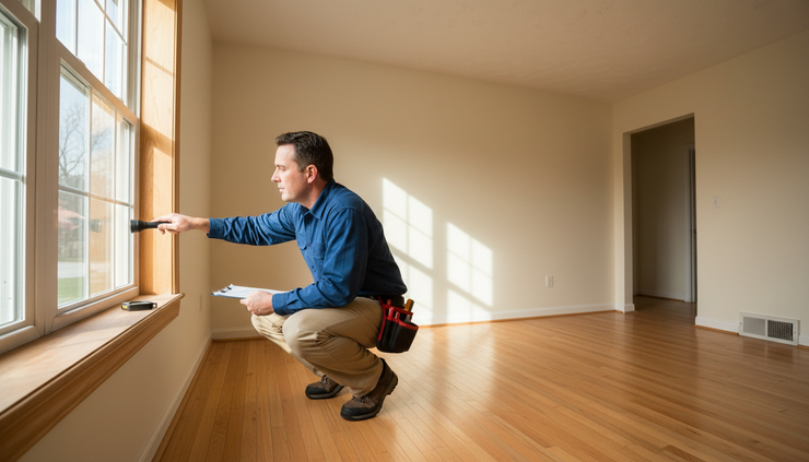 Wide-angle view of a home inspector checking a window frame in a bright living room