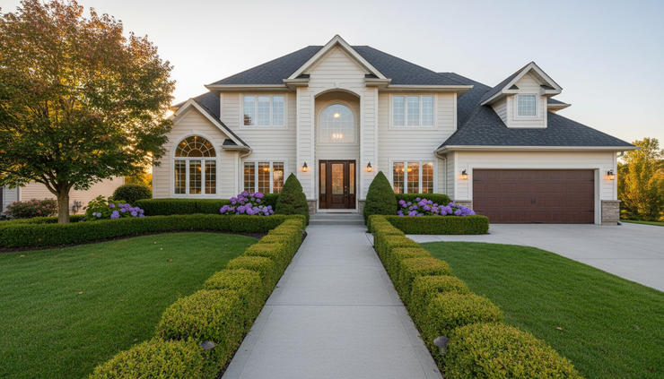 Wide-angle view of a home exterior at golden hour with a tidy walkway and glowing windows.