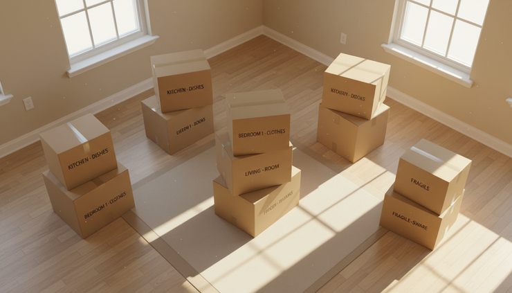 Overhead view of moving boxes stacked in an empty living room.
