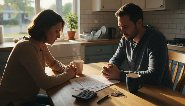 Eye-level view of a couple reviewing home purchase papers at a kitchen table